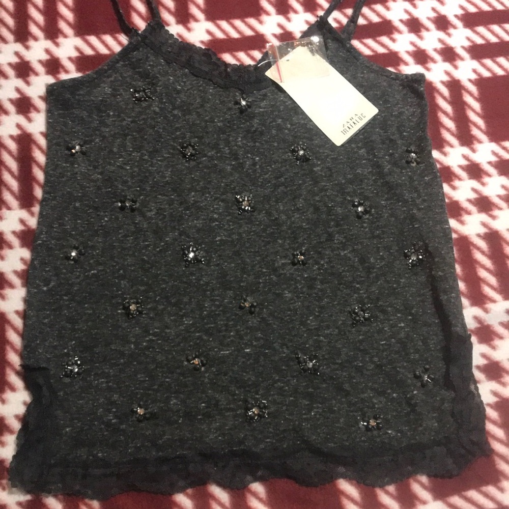 Beaded Charcoal Lace Trim Cami Top